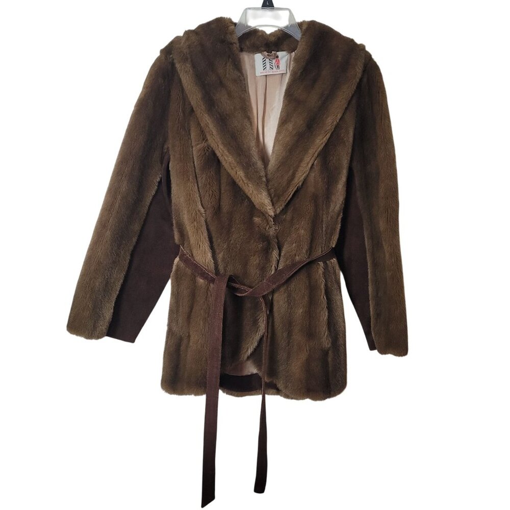 Luxurious Faux Fur & Leather Belted Coat Jacket Made In England - Picture 2 of 16